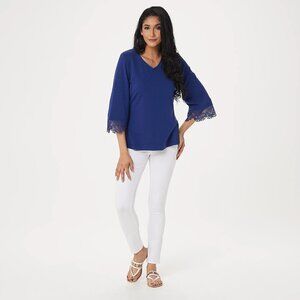 Denim & Co. V-Neckline 3/4 Bell Sleeve Top with Lace Detail Blue 3XL